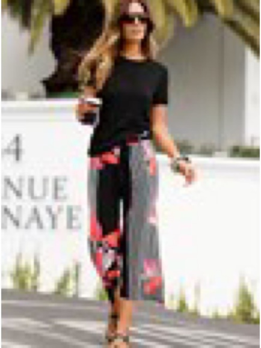 Printed Culottes. Black Striped Wide-Leg Pants with Pink & Orange Floral Accents